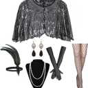 1920s Flapper Accessories Set, Roaring 20s Accessories Women Feather Headpiece Necklace Earrings Long Gloves,Silver Black