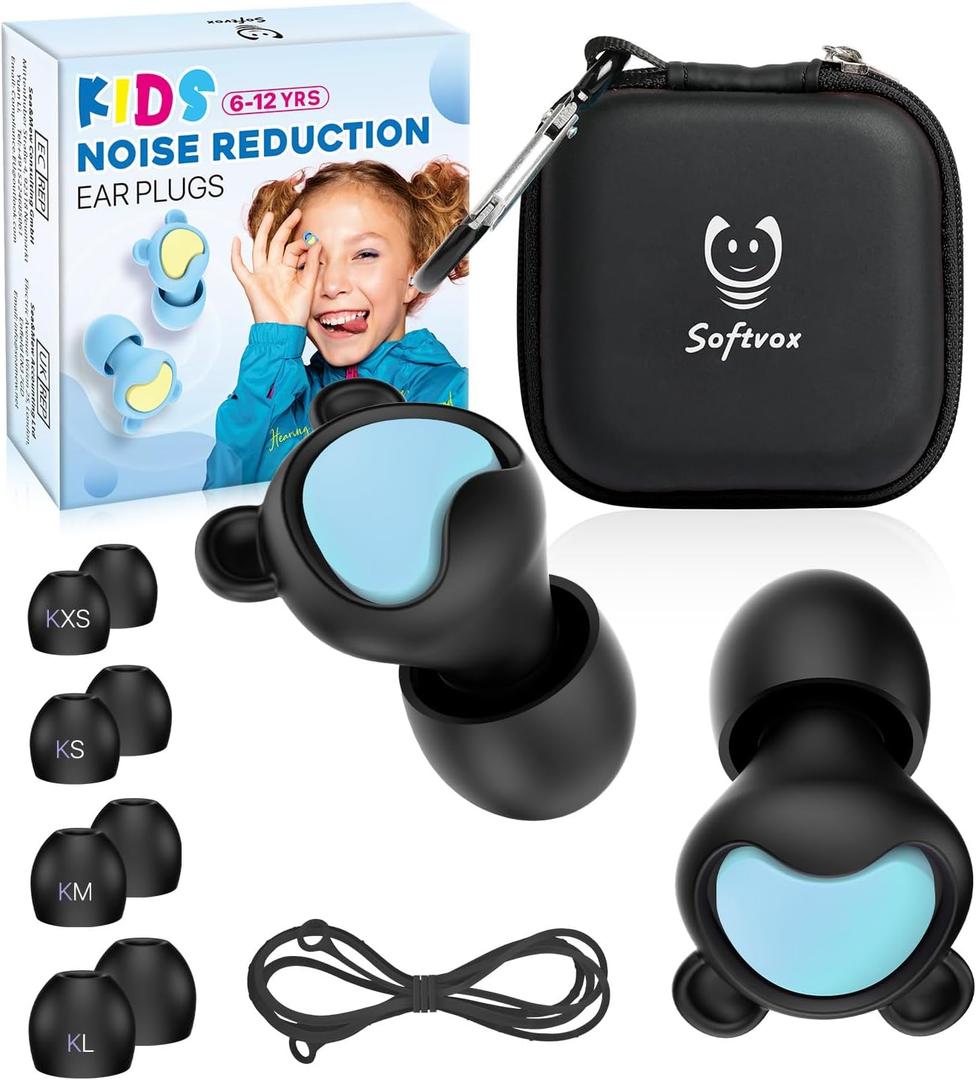 Kids Earplugs (5-12 yrs) with String Hearing Protection for Adult Children with Small Ear Canals, Noise Sensitivity Ear Plugs for Home, School, Playtime - 8 Tips in XS/S/M/L- 26 dB Soundproof (Black+green+cord)