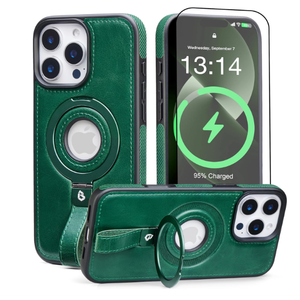 BUTAIGA for iPhone 16 Pro Leather Case with Stand, AntiSlip Grip Ring, Fits for MagSafe (Green, IP 16 Pro6.3inch)