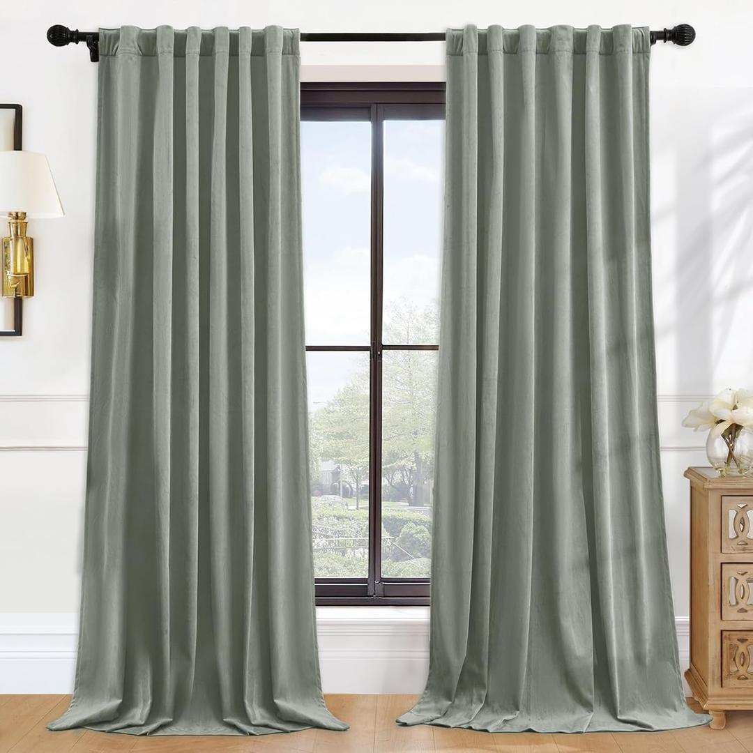 P Pothuiny Blackout Velvet Curtains 96 Inches Long, 2 Panels Sage Green Velvet Drapes Rod Pocket Back Tab Design Window Thermal Insulated Curtains for Living Dining Room, Bedroom (W52 xL96)