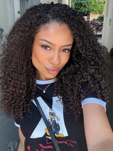 Curly Half Wig Upgrade 3 IN 1 Half Wig With Drawstring Seamless Clip Ins Flip Over Kinky Curly Half Wig Protein Synthetic Hair Boast Human-Hair-Like Touch 180% Density 18 Inch Medium Brown Color