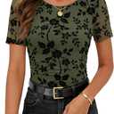 MEROKEETY Women's 2026 Summer Short Sleeve Floral Mesh Top Dressy Casual Crewneck Ruched Fitted T Shirt Blouse Spring Clothes (X-Large, Army Green)