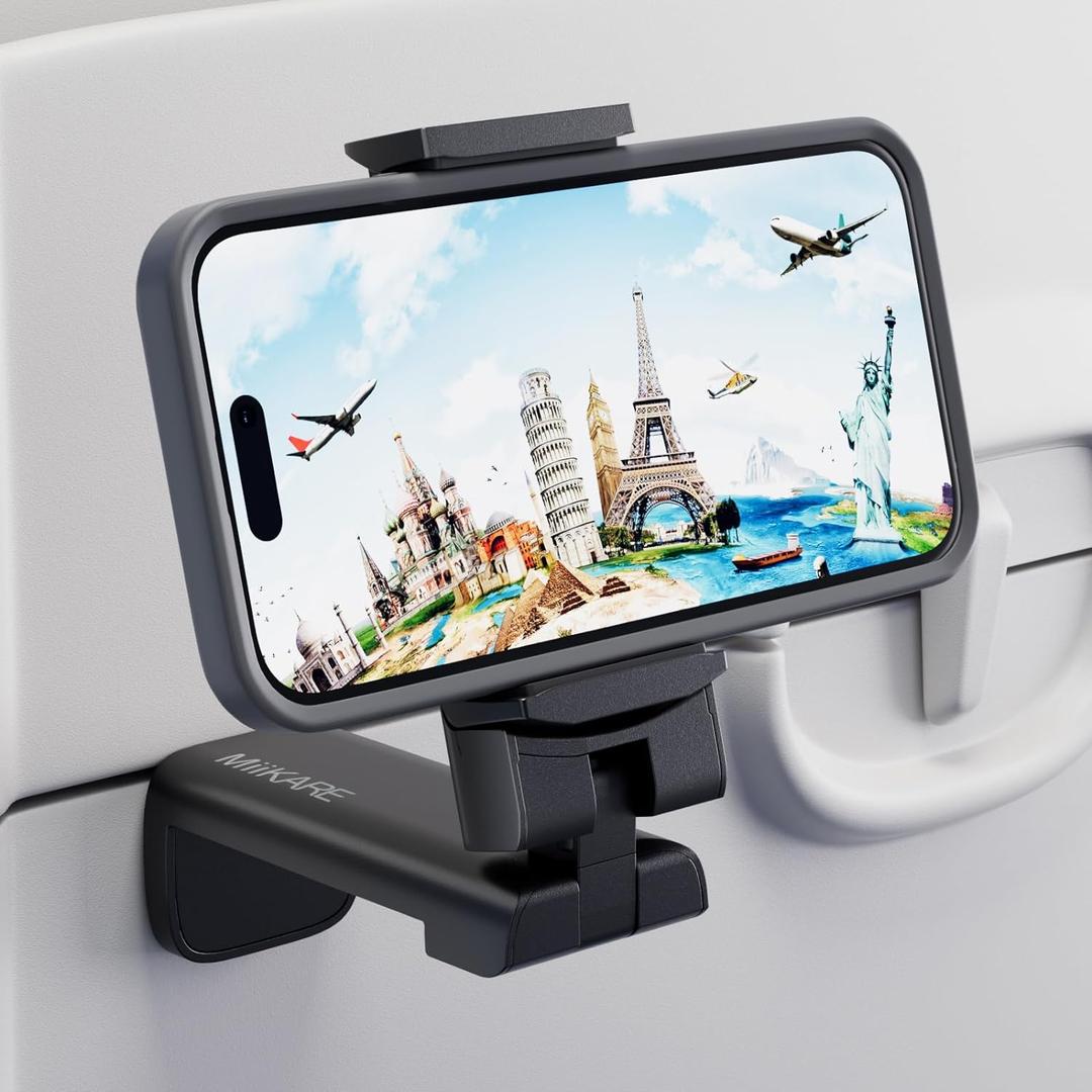 MiiKARE Airplane Travel Essentials Phone Holder, Universal Handsfree Phone Mount for Flying with 360 Degree Rotation, Accessory for Airplane, Travel Must Haves Phone Stand for Desk, Tray Table (Black)