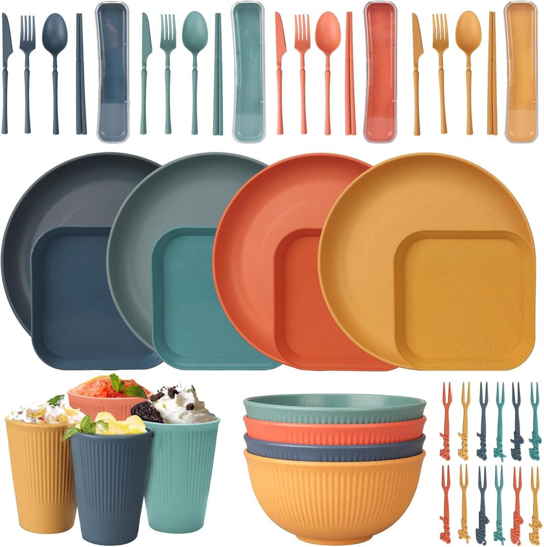 48 Pcs Dinnerware Sets, Unbreakable Plates and Bowls Sets, Reusable Dinnerware Sets for 4 People, Travel Camping Picnic Home Party Cutlery Set, Dishwasher Microwave Safe Dishes (Colorful)