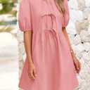 PRETTYGARDEN Womens 2025 Summer Casual Short Sleeve Dresses A Line Bow Tie Front Babydoll Loose Cute Mini Dress with Pockets (Pink, M)
