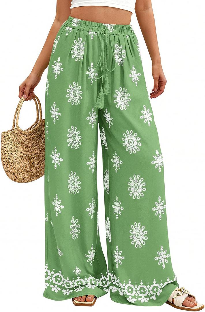 PRETTYGARDEN Women's Wide Leg Palazzo Pants 2026 Summer Boho Floral Trousers Spring Flowy Beach Vacation Clothes Resort Wear (Light Green, X-Large)