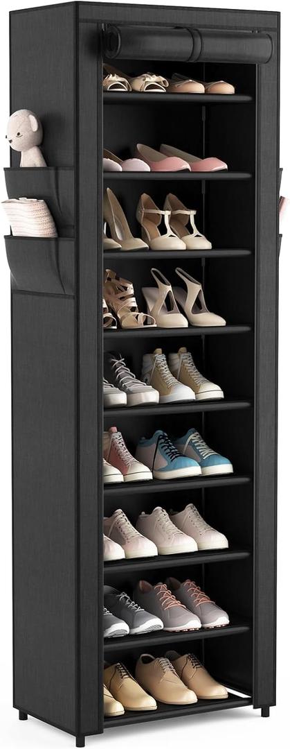 Shoe Rack with Cover Narrow Shoe Organizer with 4 Side Pockets 10 Tier Tall Shoe Storage Holds 18-22 Pairs Shoes and Boots Shoe Rack for Closet Entryway Garage, Black, 