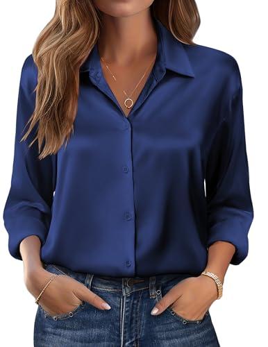 Zeagoo Long Sleeve Shirts for Women Satin Silk Blouses Dressy Causal Business Office Work Clothes Navy Blue S
