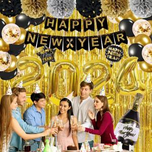 New Year Eve Party Supplies ,Include Fringe Curtain,Gold Starburst Balloons,Banner,Confetti Balloons,For New Years Decorations 2025