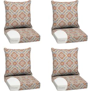 Arden Outdoor Foam Deep Seat Cushion Set (4-Pack), 24x24, Premium High-Density Foam, Never Flattens, Weather-Proof for Patio Chair Sofa Couch, Global Vintage Medallion