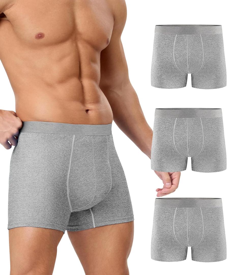 YESWEL Men's Incontinence Underwear, Leak Proof Washable Reusable Cotton Boxer Brief, Heavy Flow Bladder Leak 3 Pack (Grey, Large)