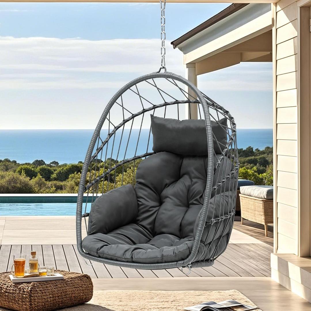 DWVO Egg Chair Without Stand, Basket Chair Hanging Outdoor Rattan Wicker Patio Hammock Indoor Egg Chair with Cushion, Hanging Swing Chair 300lbs for Porch, Garden, Bedroom, Balcony, Gray