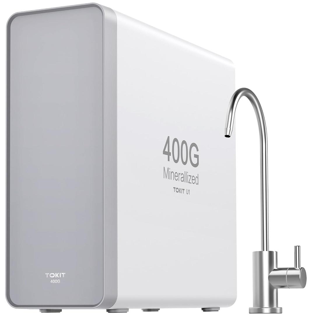 TOKIT Reverse Osmosis Water Filter, U1 Alkaline Mineral Under Sink Water Filter System, 400GPD Tankless RO Filtration with Faucet, NSF/ANSI 58, 2:1 Pure to Drain, Reduce TDS