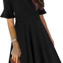 Mokayee Womens Summer V Neck Ruffle Short Sleeve Fit and Flare Knee Length Church Wedding Guest Dresses with Pockets (Black, M)