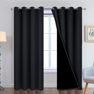 Yakamok 84 Inch Length 100% Blackout Curtains for Bedroom, 2 Thick Layers Thermal Insulated Grommet Total Blackout Drapes with Black Liner for Living Room (52Wx84L,Black, 2 Panels)