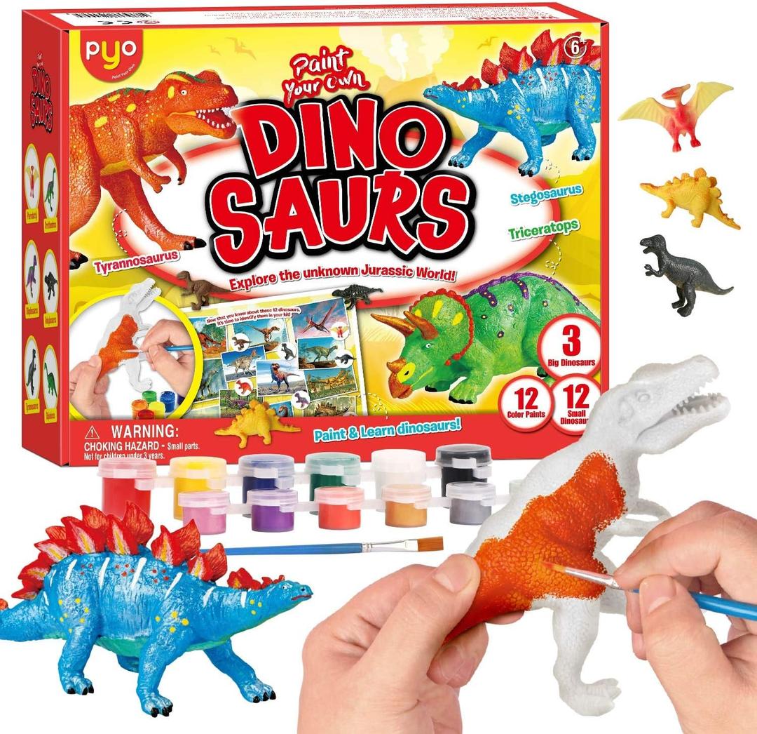 EDUMAN 12 Pcs Dinosaur Painting Kit for Kids, Paint Your Own Dinosaur Kit, Dino Arts & Crafts Painting Set with Brushes and Colors, DIY Activity Toy for Boys & Girls Age 6-12, STEM Gift for Toddlers