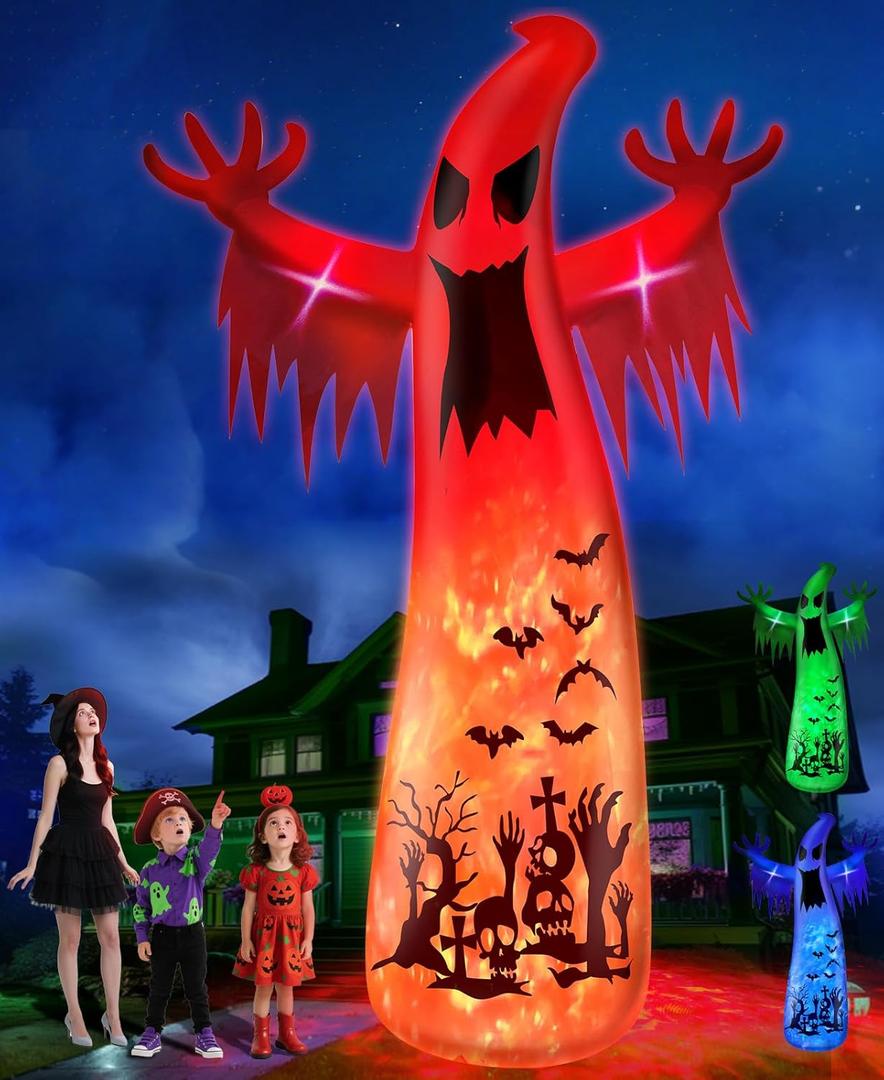 14 Ft Giant Halloween Inflatable Ghost Decorations Outdoor with 3 Colored Rotating Flame LED Changing Red Blue Green Lights, Scary Ghosts Blow Up Halloween Decor for Garden Yard Lawn Holiday Party