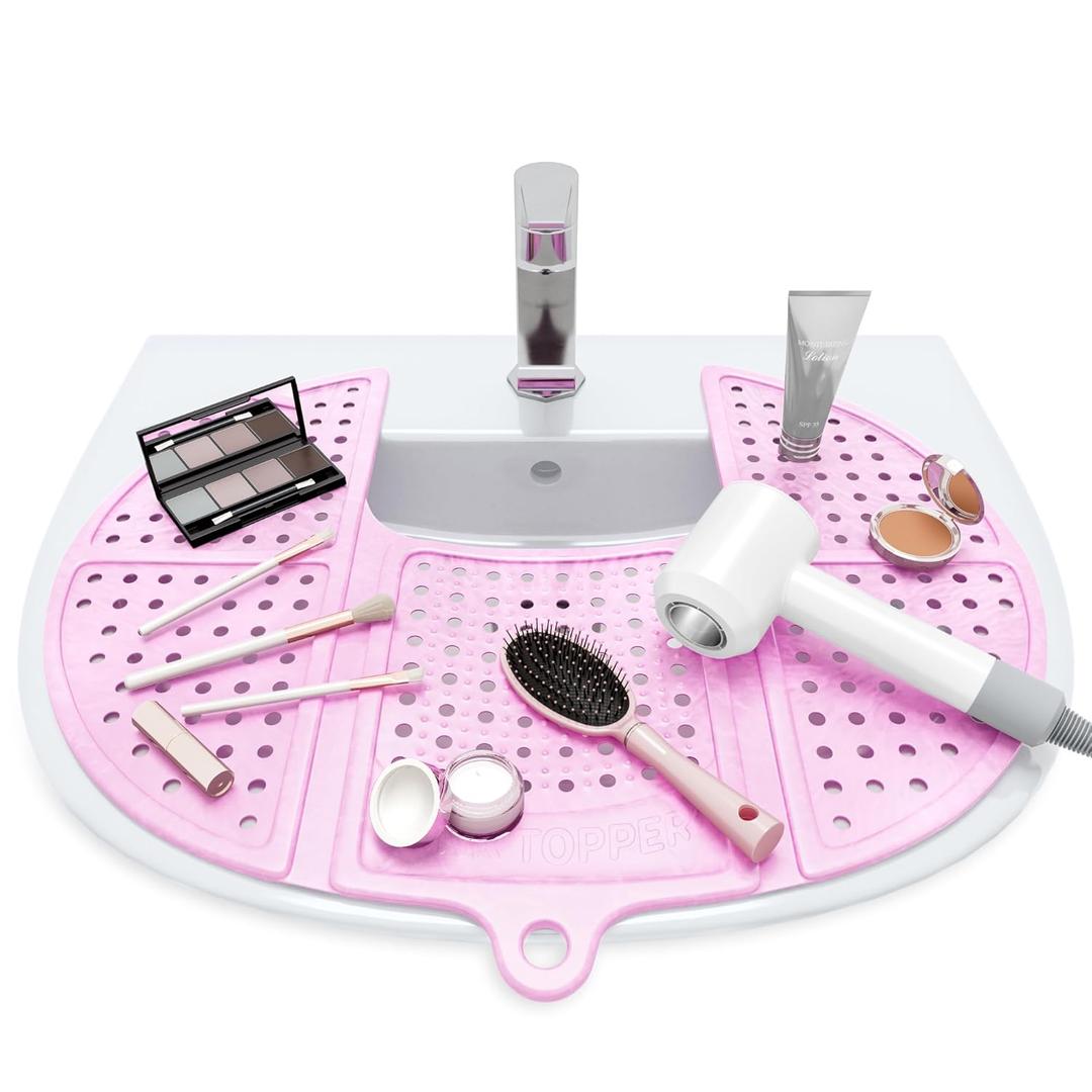Sink Topper Bathroom Counter Cover & Storage Saver, Foldable Silicone Mat for Hot Tools, Hair Styling & Makeup, Beauty Brush Cleaning Mat, RV Camper Sink Cover & for Small Spaces (Standard Pink)