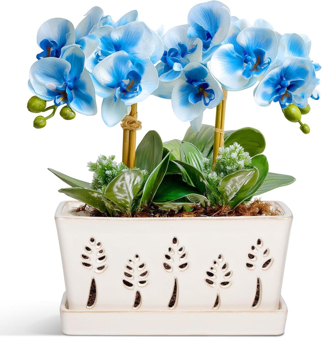 BUYMAX 10 Inch Rectangle Ceramic Orchid Pots with Holes, Heavy Duty Handmade Ceramic Plant Pot with Drainage and Saucer, Accommodate 2 Orchids, Enhance Good Ventilation White