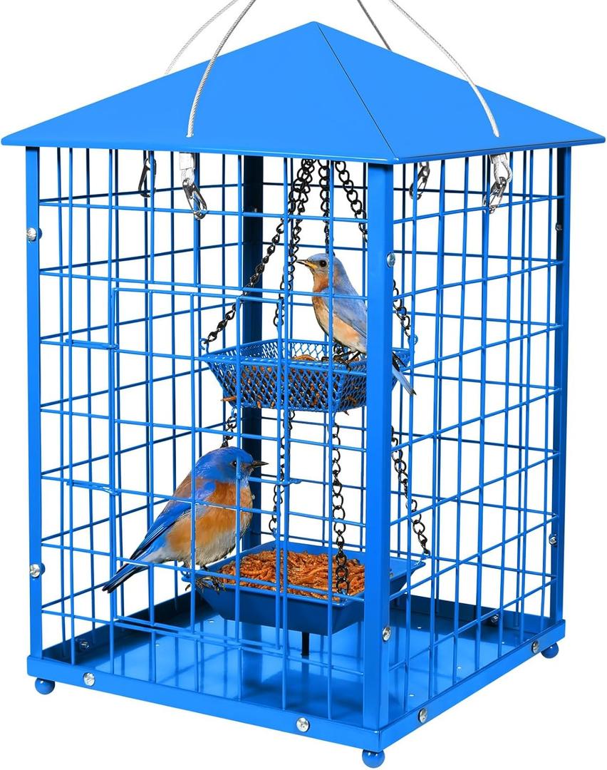Mosloly Bluebird Feeders Squirrel-Proof, 7 lbs, Large Heavy Metal Caged Mealworms Blue Bird Feeders for Outside, Weatherproof Wild Bird Feeder,2 Layer Seed Cups(Blue)