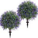 Artificial Lavender Topiary Ball Tree 25" with Ground Spike, Set of 2 Artificial Boxwood Bushes for Faux Shrubs, Fake Evergreen Faux Plant for Indoor Outdoor Porch Garden -UV ResistantFade-Proof