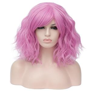 ONEUSTAR Pink Wig with Bangs Short Wavy Hair Colored Wigs Shoulder Length Pastel Bob Wig Synthetic Wig for Halloween Costumes Cosplay Daily 14 Inches