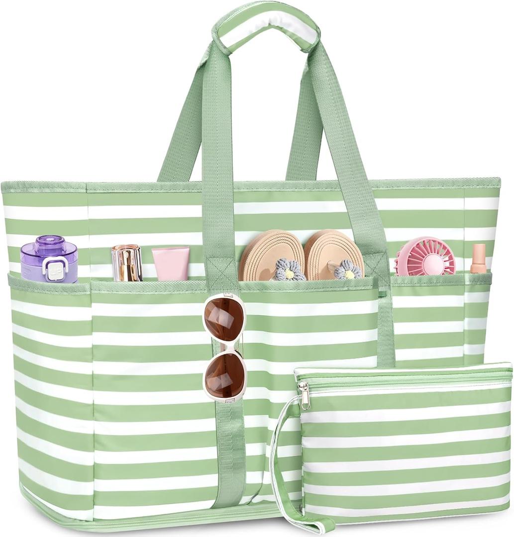 Large Beach Bag with Zipper, 12 Pockets Waterproof Sandproof Pool Bag Womens Mesh Beach Tote Bag for Travel Vacation