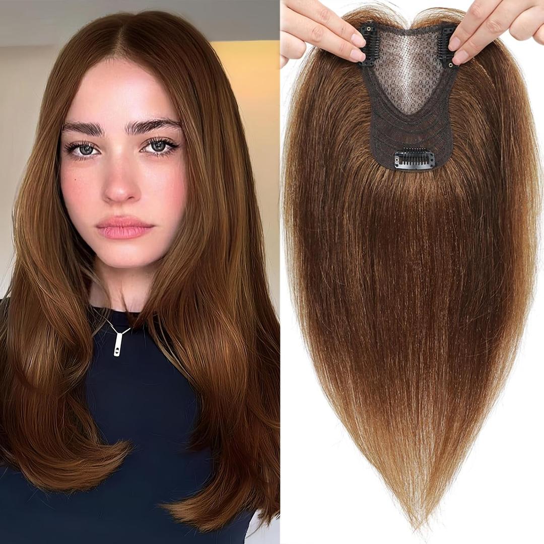 Hair Toppers for Women Real Human Hair, 360° Cover Middle Part Human Hair Toppers for Women with Thinning Realistic Scalp Line Upgrade Basement Toppers Hair Pieces (Mocha Brown, Side Bangs)