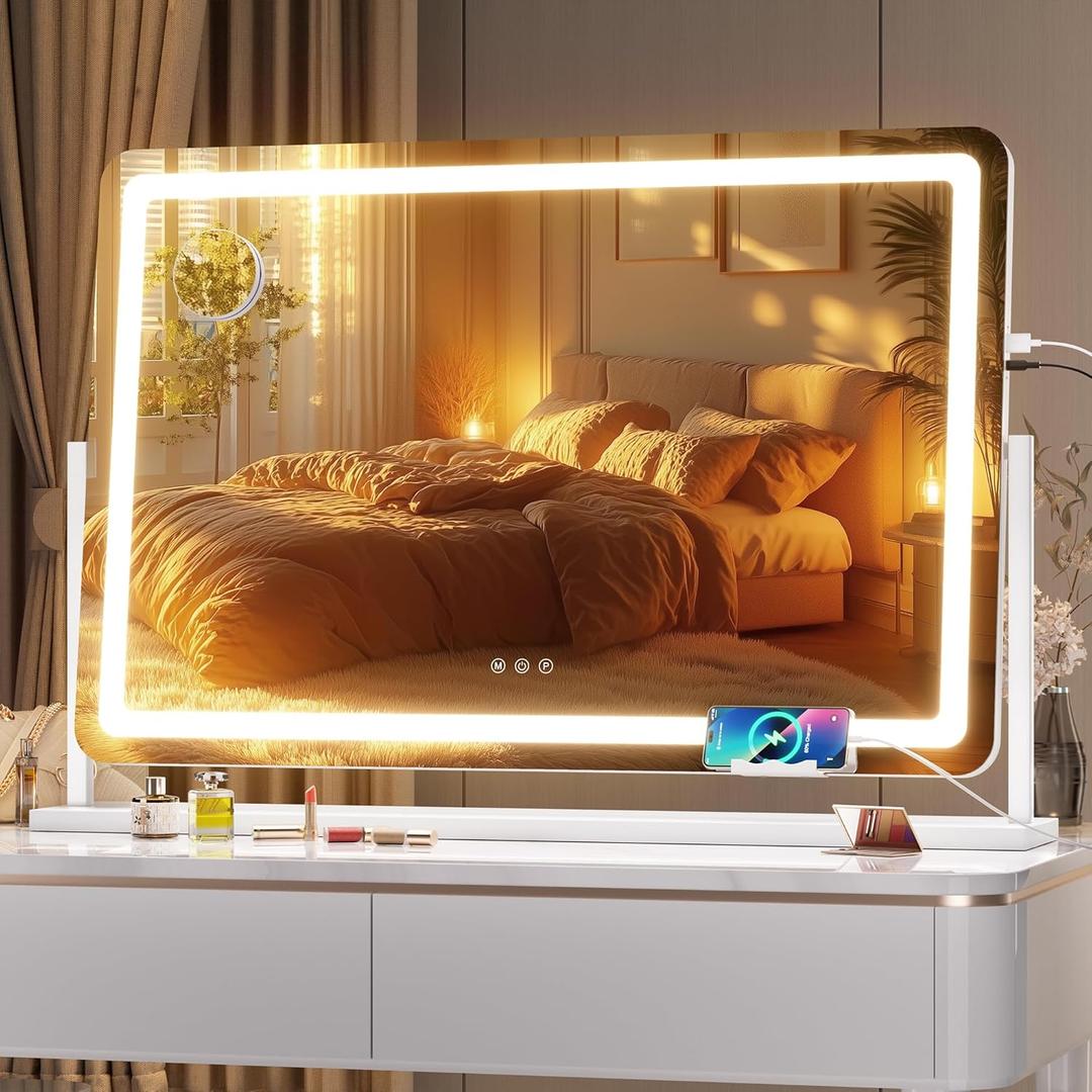 Hasipu Vanity Mirror with Lights, 35.4" x 23.6" LED Makeup Mirror, Light up Mirror with 10X Magnification and Phone Holder, USB Charging Port, Smart Touch 3 Colors Dimmable (White)