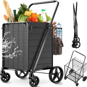 Upgraded Shopping Cart for Groceries,330LBS Jumbo Grocery Cart with Waterproof Liner, 360 Rolling Swivel Wheels and Double Basket, Heavy Duty Folding Shopping Carts for Laundry Transport