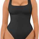 FeelinGirl Bodysuits for Womens Tummy Control Seamless Square Neck Compression Bodysuit Thong Bodysuit Black, Size: XL/ XXL