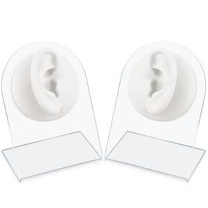 2 Pcs Flexible Silicone Fake Ear Model Reused Soft Mold for Earrings Jewelry Display Rubber Ear for Piercing Practice with Acrylic Stand (White, Classic Style)