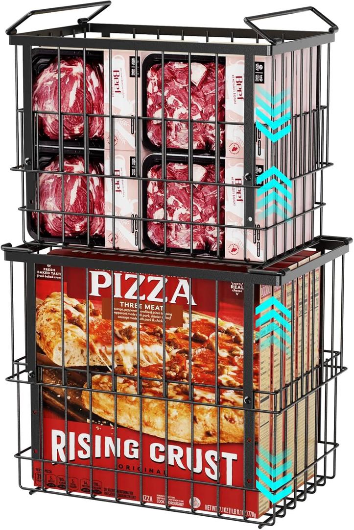 iSPECLE Freezer Organizer Bins, 2 Pack Fits 12" Pizza Adjustable for 5 to 7 Cu.Ft Chest Freezer, Stackable Wire Baskets with Handles, Heavy Duty Storage for Bulk Meat & Frozen Food, Black