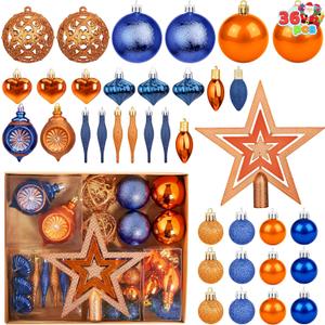 Joiedomi 36 Pcs Blue and Orange Christmas Tree Ornaments with Star Topper and Heart, Shatterproof Christmas Ball Ornaments Set, Assorted Xmas Hanging Decorations for Tree Wreath Garland Holidays