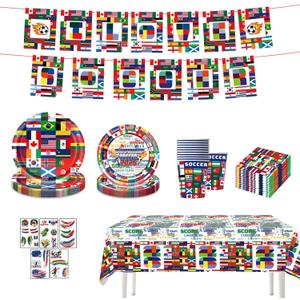 47PCS 2026 Soccer Party Supplies Set, Football Match Day Decorations for Fans, Temporary Tattoos,Includes Banner, Tableware with Plates, Cups, Napkins and Tablecloth For 10 Guests