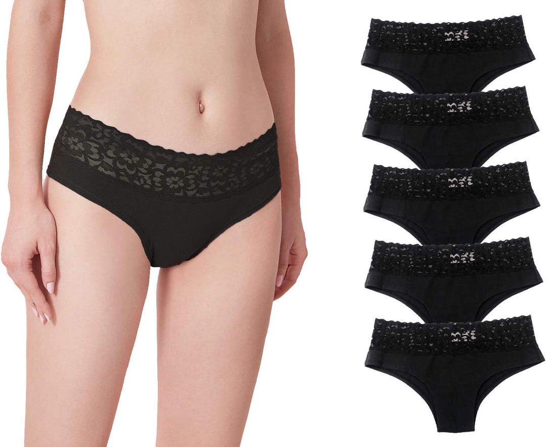 Luna & Sun Women Soft Stretch Sexy Hipster Bikini Panties Underwear with Lace (Medium, Black (5pcs))