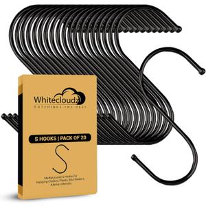 WHITECLOUDZ 20-Pack Black S Hooks for Hanging Plants, Metal S Hooks for Hanging Heavy-Duty, Closet Hooks for Hanging Clothes, Durable Kitchen Hooks for Hanging Utensils, Pots, Clothes & Bag