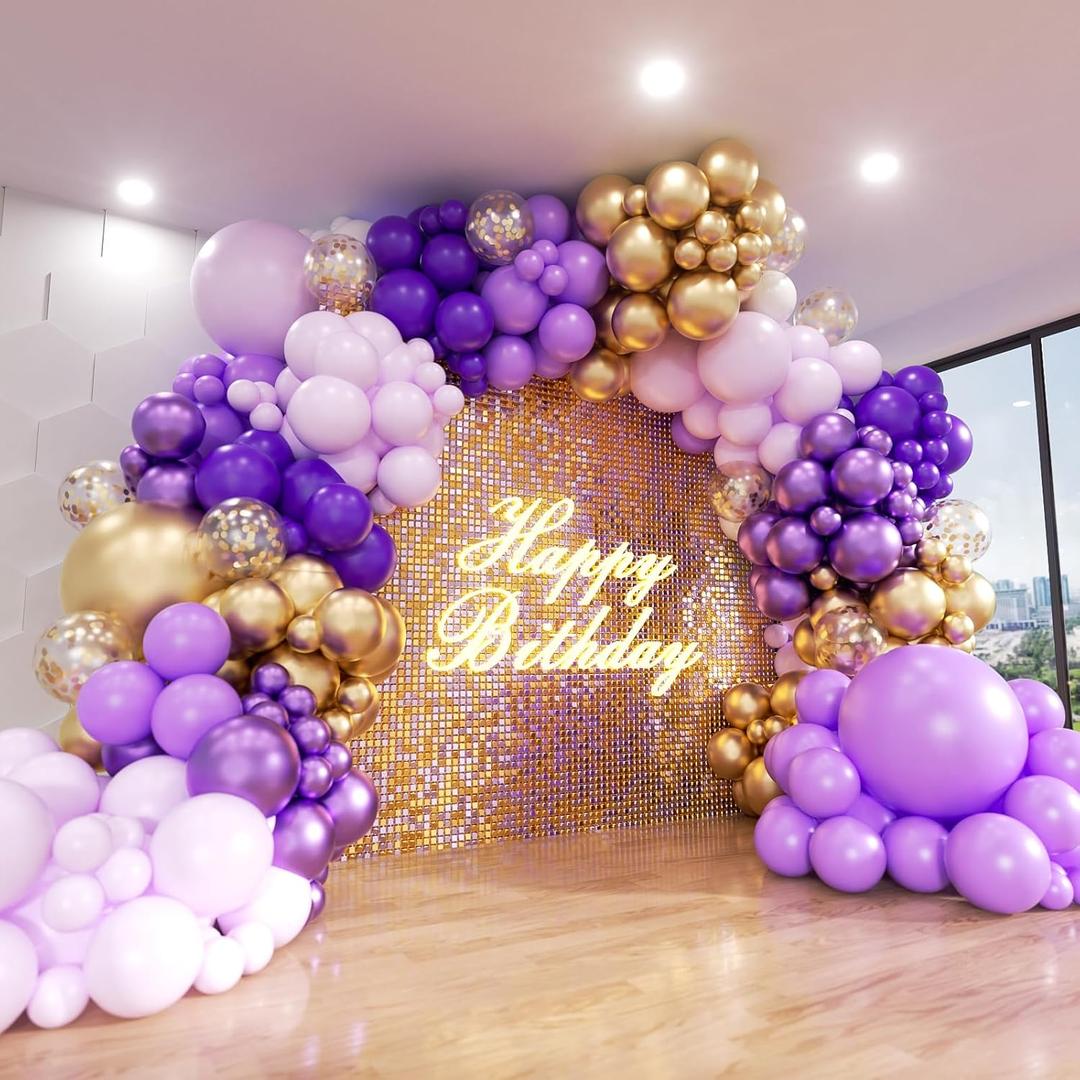 Purple Balloon Arch Kit, ADOINBY 153Pcs Different Sizes inch Lavender Metallic Purple and Gold Balloons and Confetti Party Balloon Garland Kit for Women Birthday Baby Shower Wedding Party Decorations