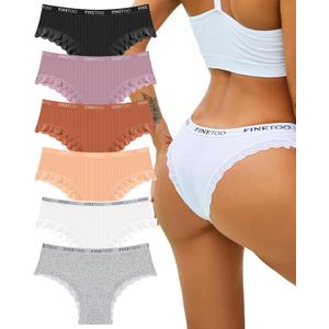 FINETOO Cotton underwear for women Cheeky Bikini Low Rise Soft Lace Hipster Ladies Sexy Panties 6 Pack (S)