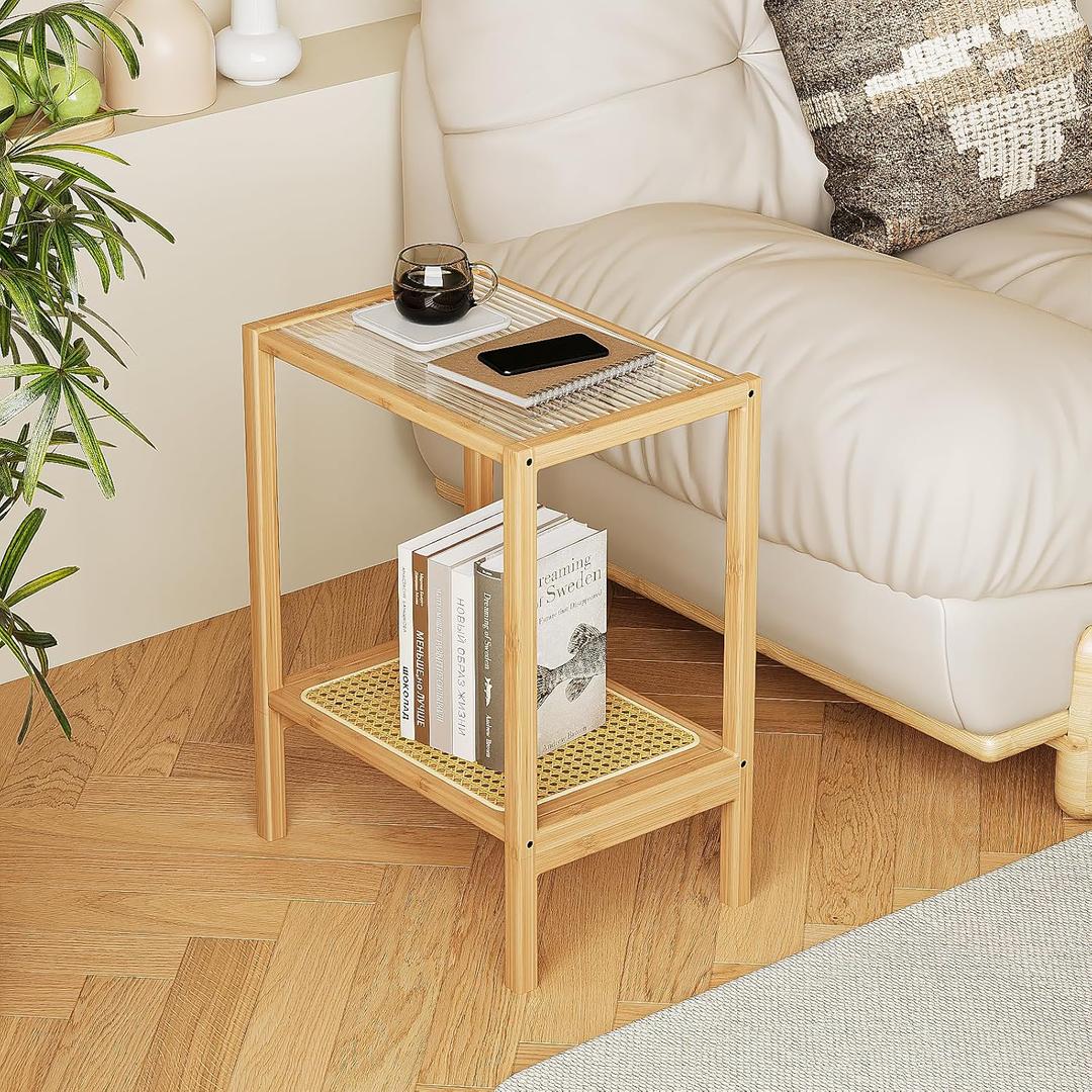 Bamworld Side Table Nature Rattan Night Stand Glass End Table 2-Tier with Storage Boho Bedside Table for Small Spaces Bamboo Coffee Table for Bedroom Living Room
