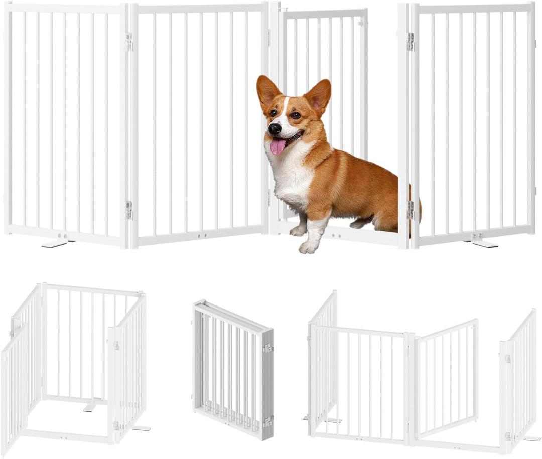 Full Metal Freestanding Dog Gate with Door, 24'' Height Foldable Pet Dog Fence for Indoor & Outdoor, 4 Panels Extra Wide Free Standing SmallDog Gates for Doorways,House,Stairs,Porch,Deck,Yard (4 Panels with Door80"W*24H", White)