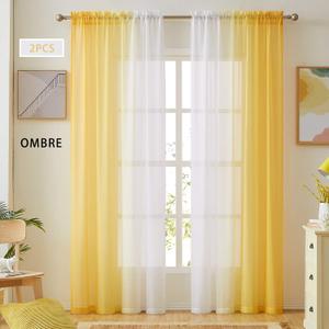 Ombre Faux Linen Sheer Curtains for Bedroom Living Room Rod Pocket, Privacy and Light Filtering, 2 Tone Reversible Gradient Voile Semi Window Curtains, Set of 2 Panels, Yellow and White, 54 x 96 Inch Length