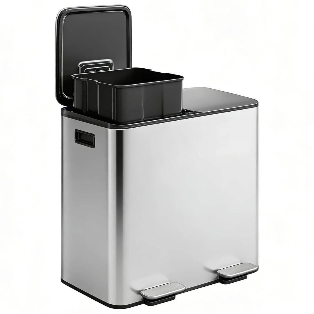 GarveeHome 2 x 8 gal Stainless Steel Double Trash Can with Lid for Kitchen, Large Dual Trash and Recycle Bin Combo, Step-on Kitchen Metal Garbage Cans, PP Inner Buckets, Liner Rim
