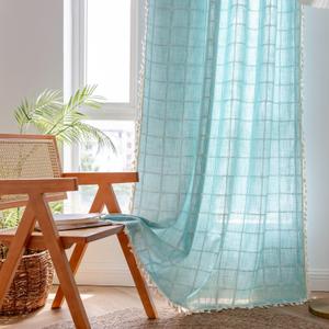 Sutuo Home Boho Curtain Plaids for Bedroom, Semi Blackout Linen Farmhouse Tassels Window Treatment Bohemian Embroidery Drape for Home Decor, Rod Pocket 1 Panel 52" W x 84" L, Aqua Blue (52"W x 84"L (Pack of 1), Aqua Blue Plaids)