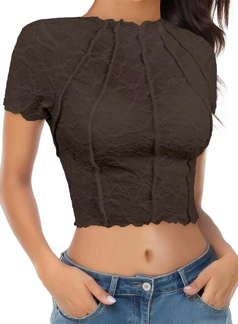Women's Short Sleeves Y2K Mock Neck Crop Top Lace Mesh Solid Color Knit Textured Casual T-Shirt (Brown, XS) Women's Short Sleeves Y2K Mock Neck Crop Top Lace Mesh Solid Color Knit Textured Casual T-Shirt (Brown, XS)