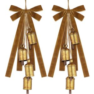 Fovths 2 Set Christmas Rustic Cow Bells with 2 Velvet Ribbons Metal Harmony Vintage Cow Bells Handmade Hanging Cows Bell for Xmas Tree Garland Wall Decor Parties Gifts