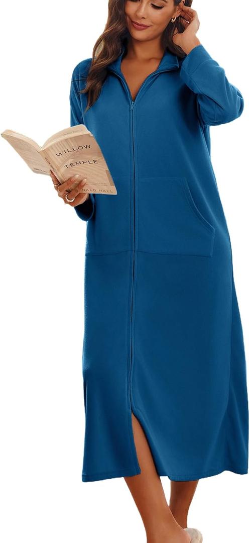 Ekouaer Women Zipper Robe Long Sleeves House Coat Soft Bathrobe Sleepwear with Pockets Housecoat Loungewear (Large)