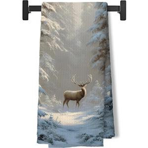 Winter Christmas Reindeer Kitchen Dish Tea Towels, Winter Forest Nature Landscape Xmas Decorative Hand Towels for Bathroom Kitchen, Christmas Bathroom Decor, 16x24 Inch