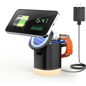 Wireless Charging Station for iPhone Mag-Safe: JoyGeek 3-in-1 Foldable Charger Phone Stand Charge for iPhone 16/15/14/13/12 Pro/Max/Plus - for AirPods - for Apple Watch 2-10/Ultra (Black)