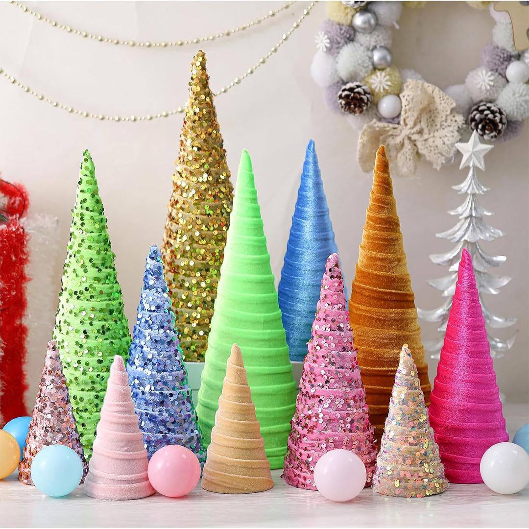 Ireer 12 Pcs Christmas Velvet Trees Set Various Size Velvet Cone Modern Decorations Indoor Table Tree Centerpiece Minimalist Xmas Holiday Winter Home Decor (Colorful)